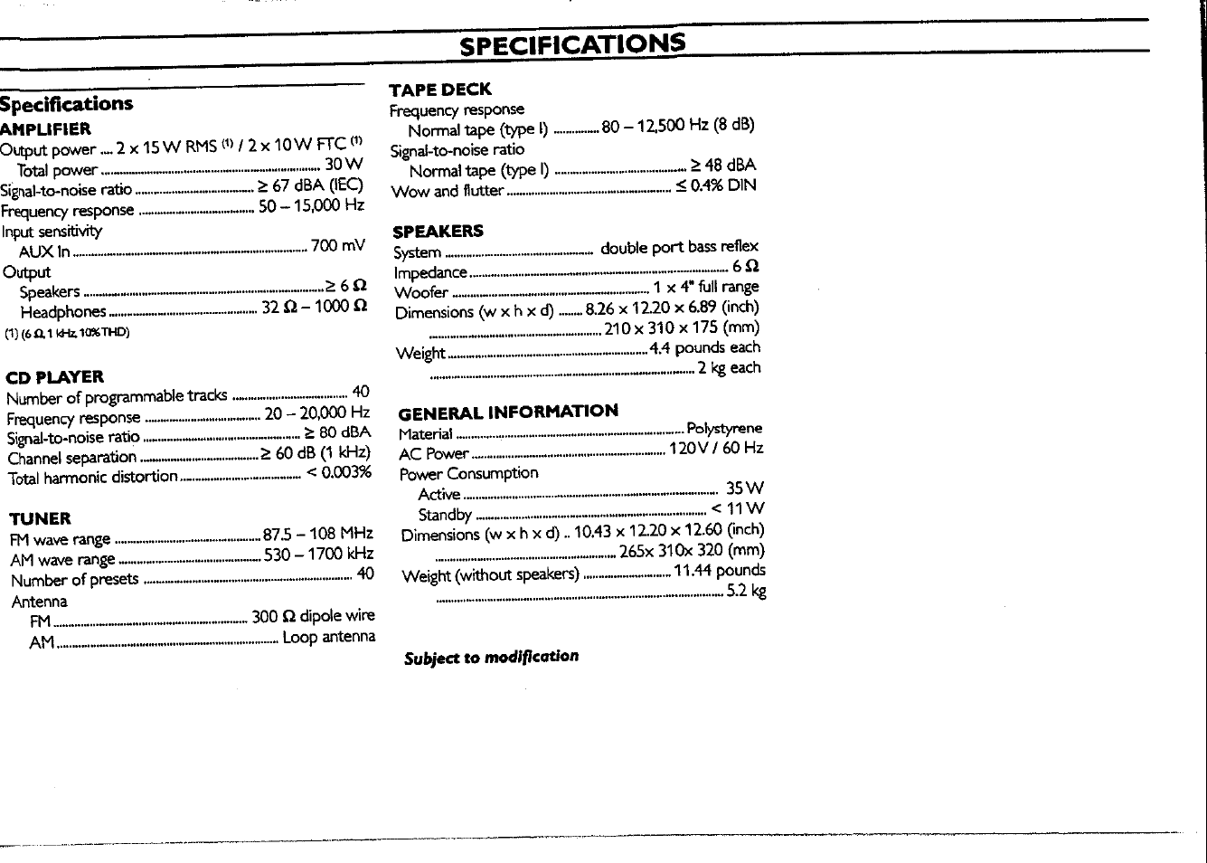 Specifications | Philips FWC150 User Manual | Page 23 / 28