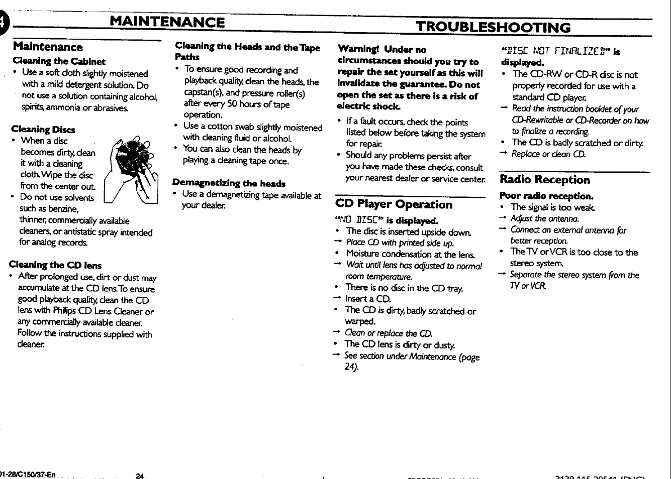 Maintenance, Cleaning discs, Cleaning the co lens | Cleaning the heads and thetape, Demagnetizing the heads, Cd player operation, Si5c fjof nrjnilzcl!” is, Radio reception | Philips FWC150 User Manual | Page 24 / 28