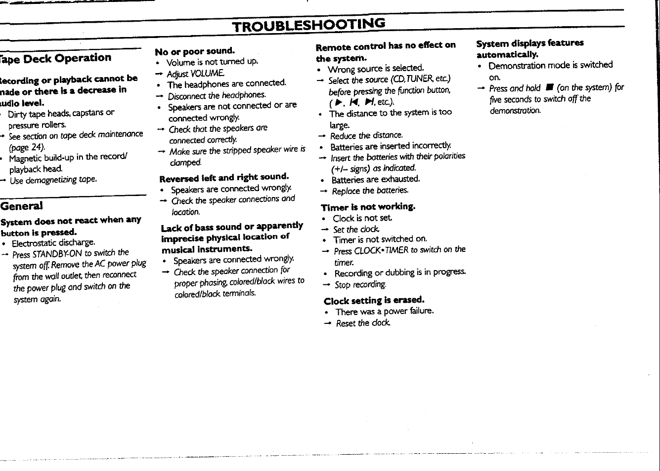 Troubleshooting, Tape deck operation, Tecording or playback cannot be | General, No or poor sound, Remote control has no effect on the system, System displays features automatically | Philips FWC150 User Manual | Page 25 / 28