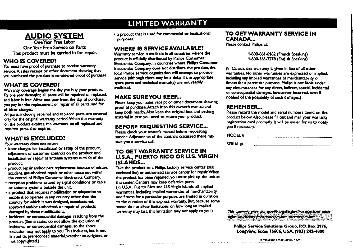 Audio system, V/ho is covered, What is covered | What is excluded, Where is service available, Make sureyou keep, Before requesting service, To get warranty service in canada, Remember, Limited warranty | Philips FWC150 User Manual | Page 5 / 28