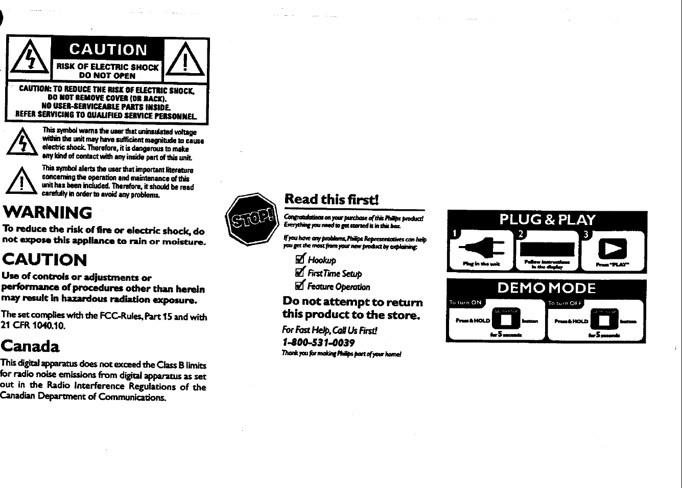 Warning, Caution, Canada | Read this first | Philips FWC150 User Manual | Page 6 / 28