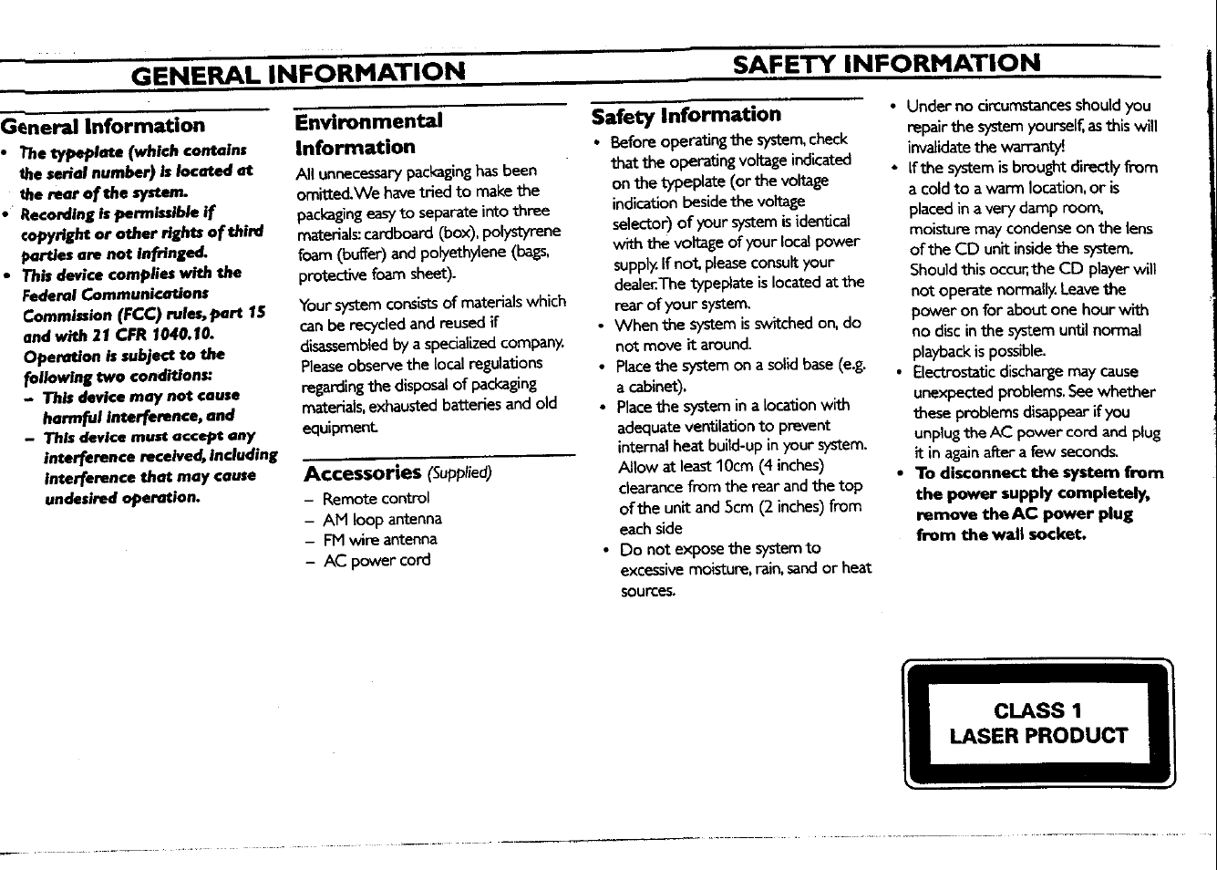 General information, Environmental, Information | Accessories (supplied), Safety information, General information safety information | Philips FWC150 User Manual | Page 7 / 28