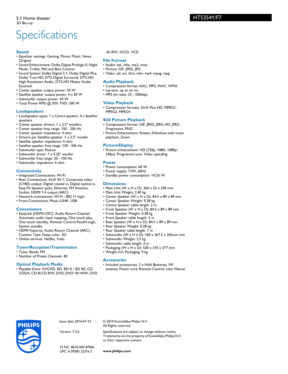 Specifications | Philips HTS3541-F7 User Manual | Page 3 / 3