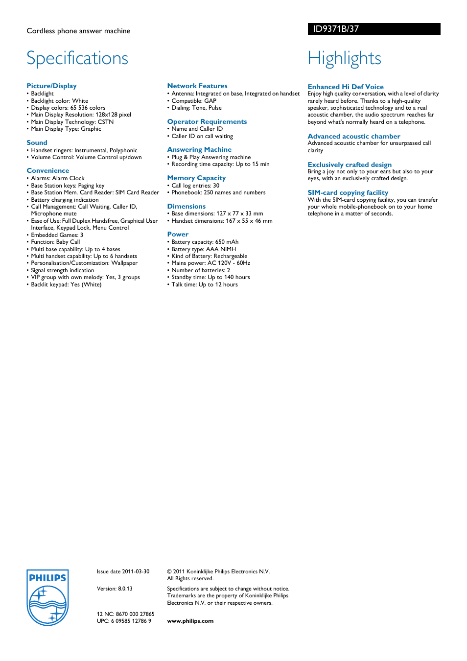 Specifications, Highlights | Philips ID9371B-37 User Manual | Page 2 / 2