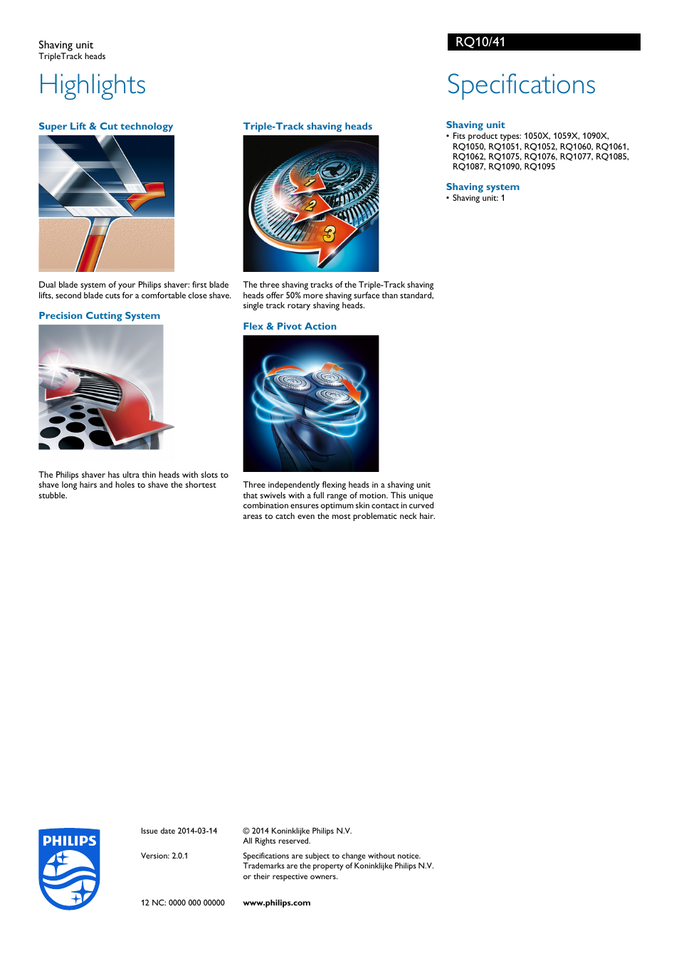 Highlights, Specifications, Rq10/41 | Philips RQ10-41 User Manual | Page 2 / 2