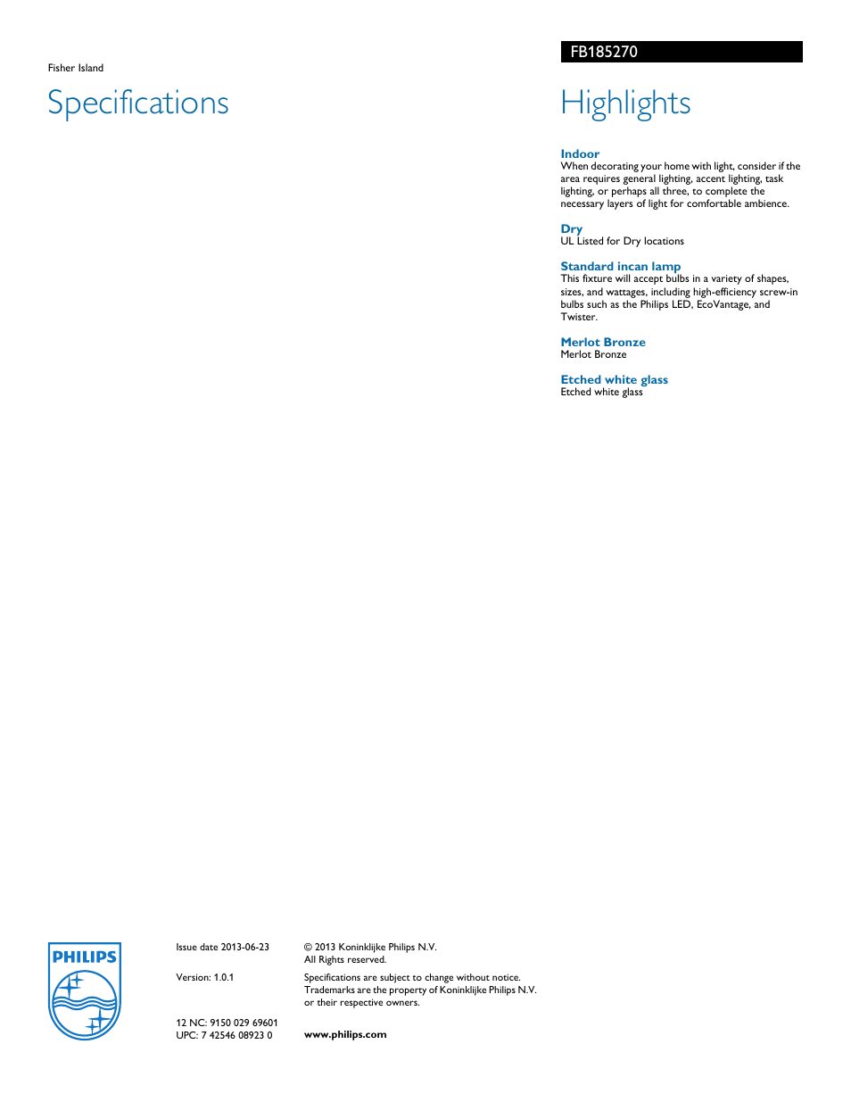 Specifications, Highlights | Philips FB185270 User Manual | Page 2 / 2