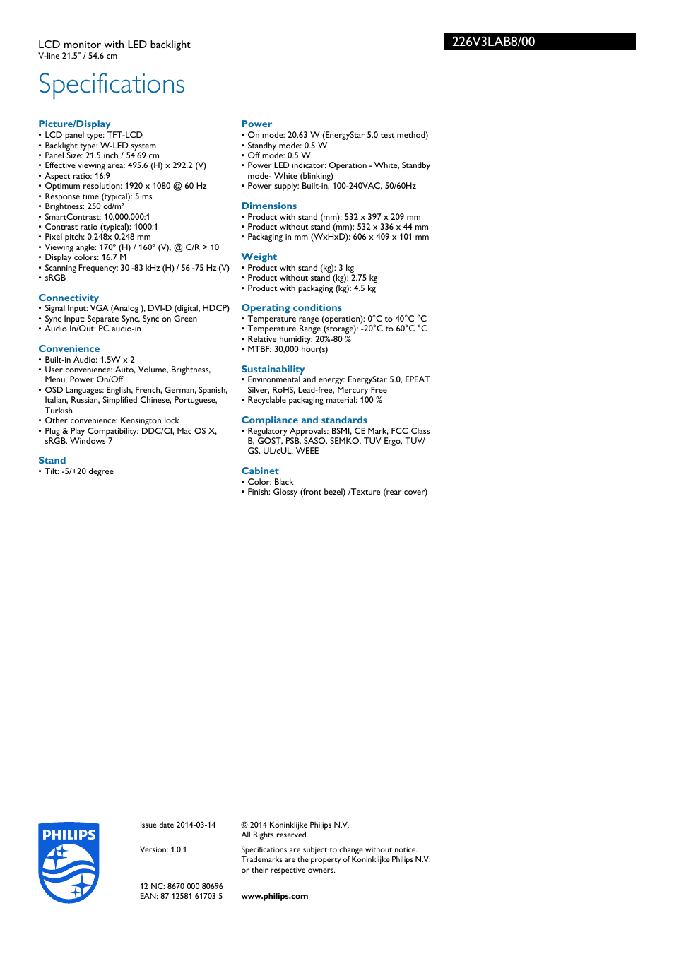 Specifications | Philips 226V3LAB8-00 User Manual | Page 3 / 3