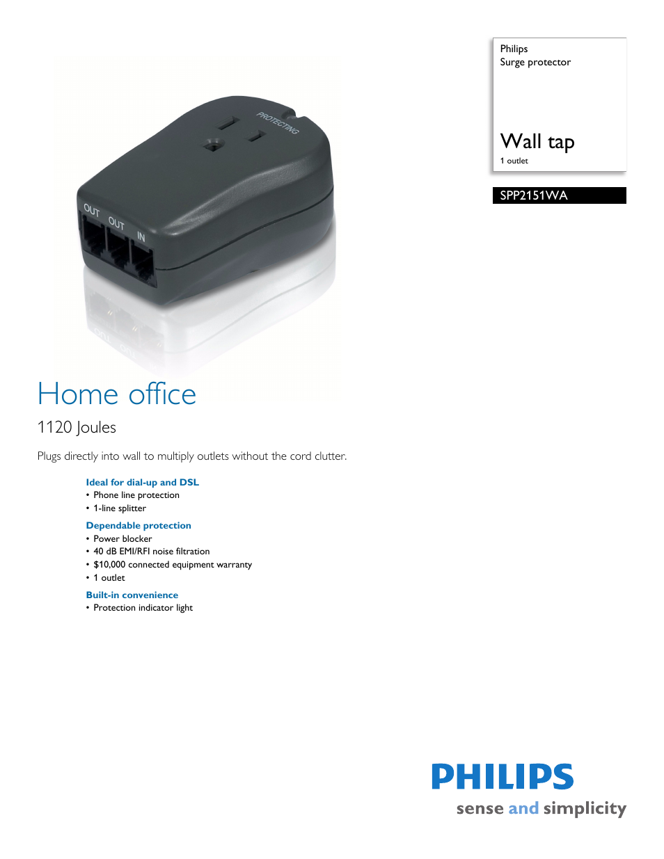 Philips Surge protector SPP2151WA Wall tap 1 outlet User Manual | 2 pages