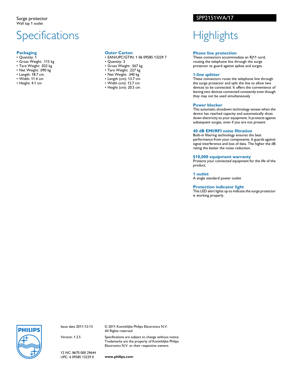 Specifications, Highlights | Philips Surge protector SPP2151WA Wall tap 1 outlet User Manual | Page 2 / 2