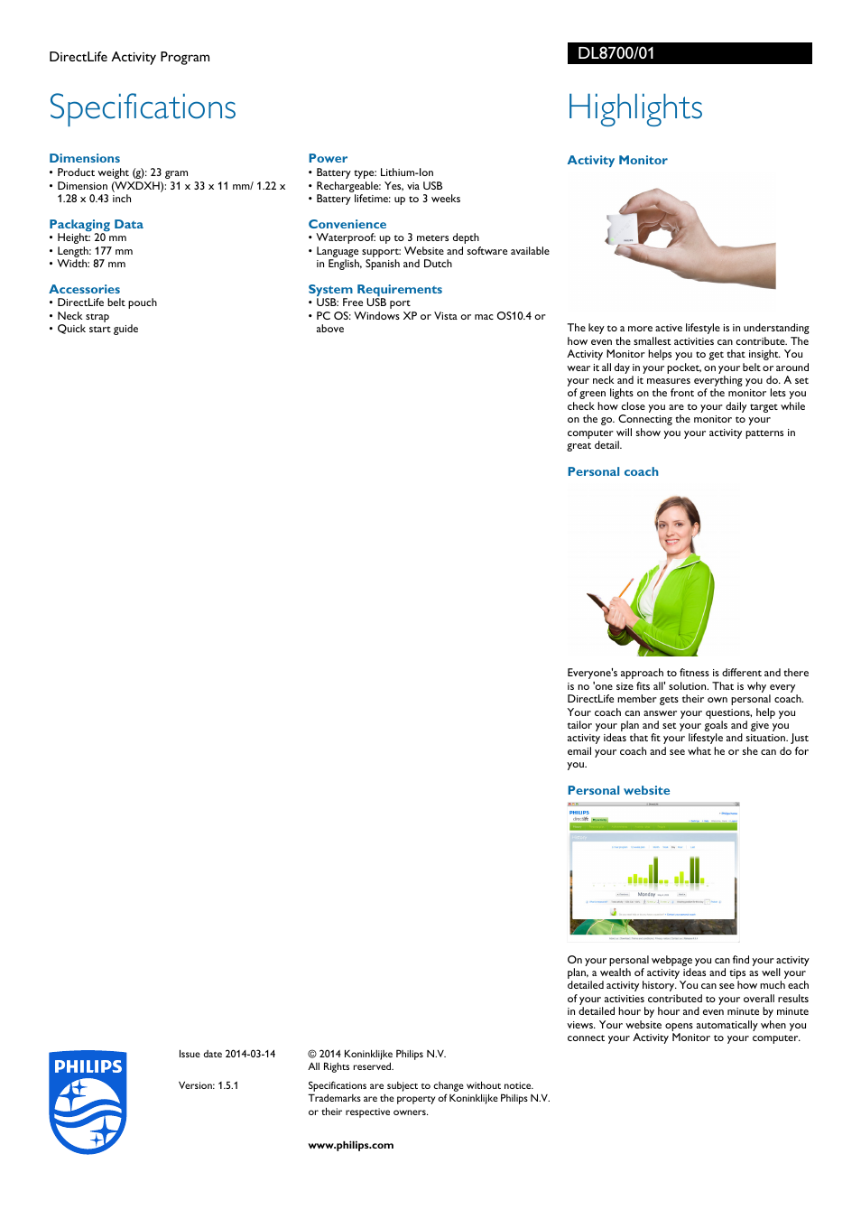 Specifications, Highlights | Philips DL8700-01 User Manual | Page 2 / 2
