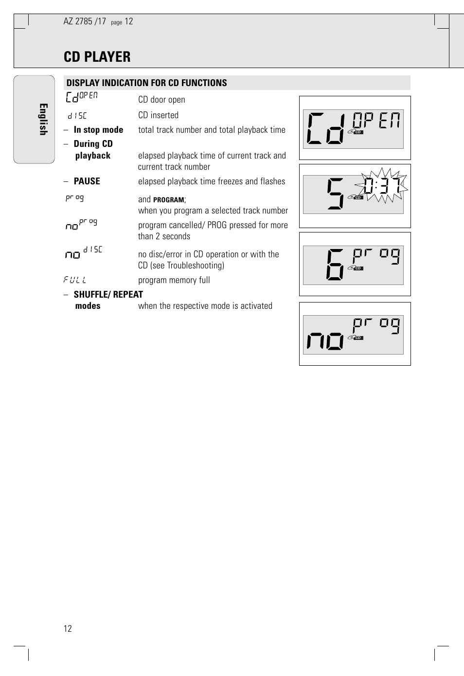 Cd player, English | Philips AZ278517 User Manual | Page 12 / 18