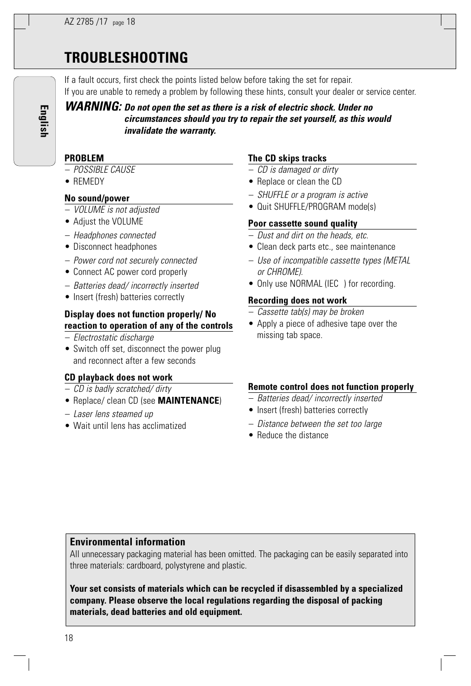 Troubleshooting, Warning | Philips AZ278517 User Manual | Page 18 / 18