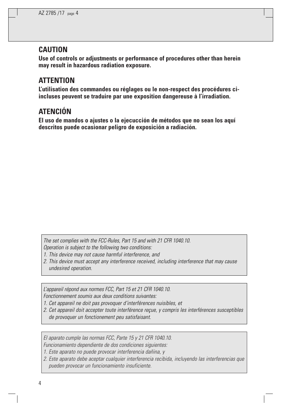 Caution, Attention, Atención | Philips AZ278517 User Manual | Page 4 / 18