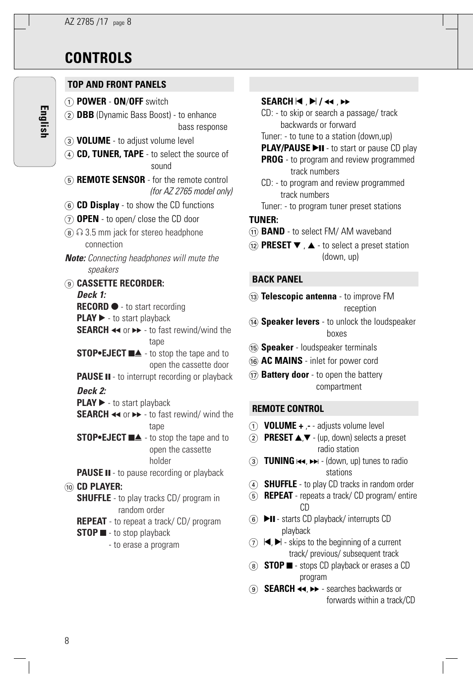 Controls | Philips AZ278517 User Manual | Page 8 / 18