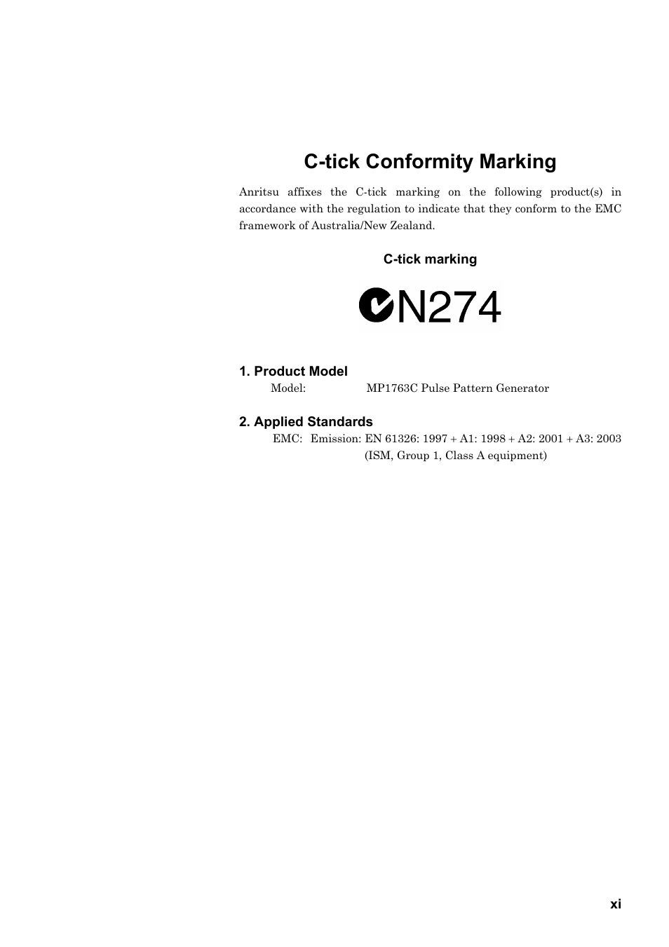 C-tick conformity marking | Anritsu MP1763C User Manual | Page 11 / 78
