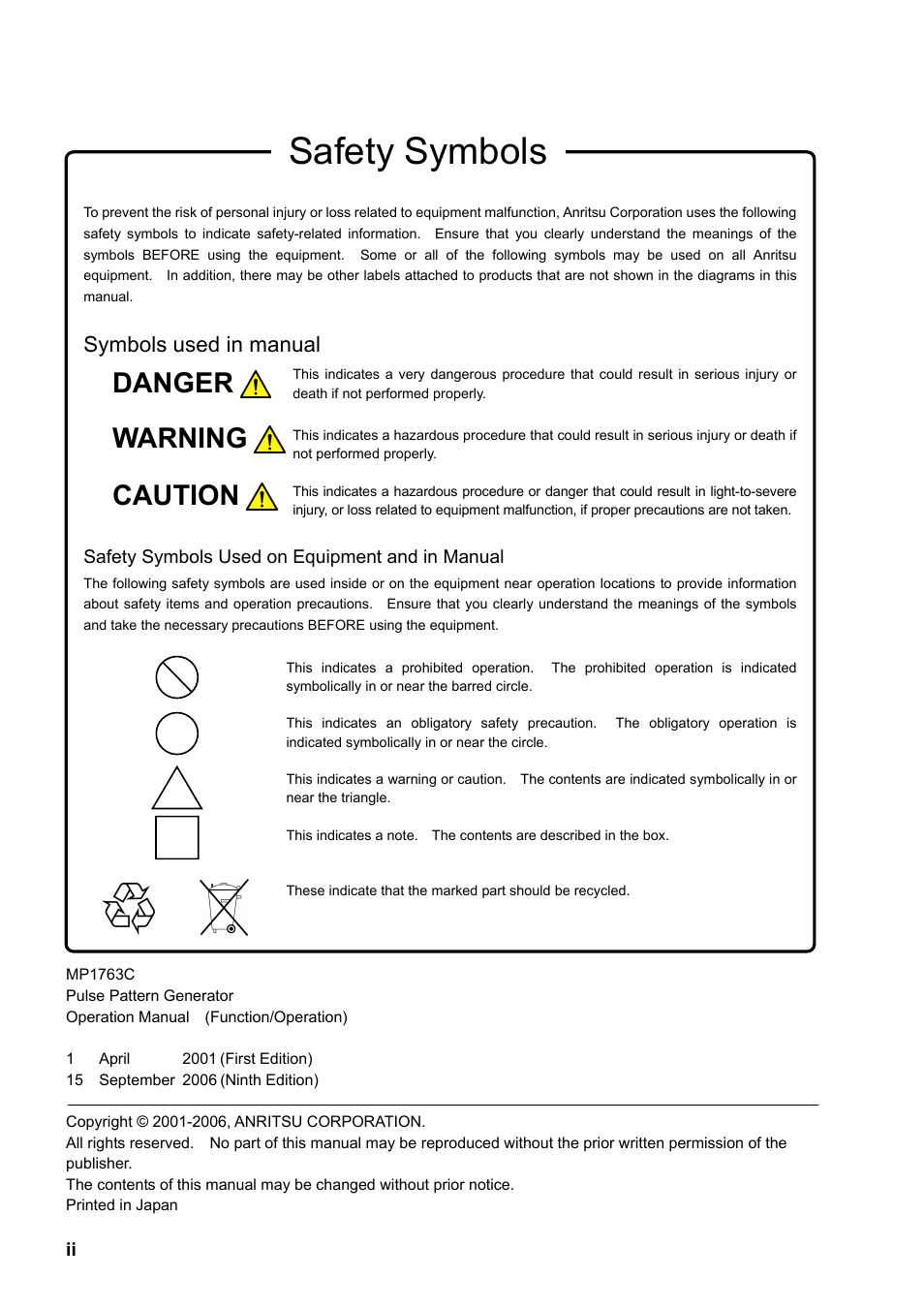 Safety symbols, Danger warning caution, Symbols used in manual | Anritsu MP1763C User Manual | Page 2 / 78