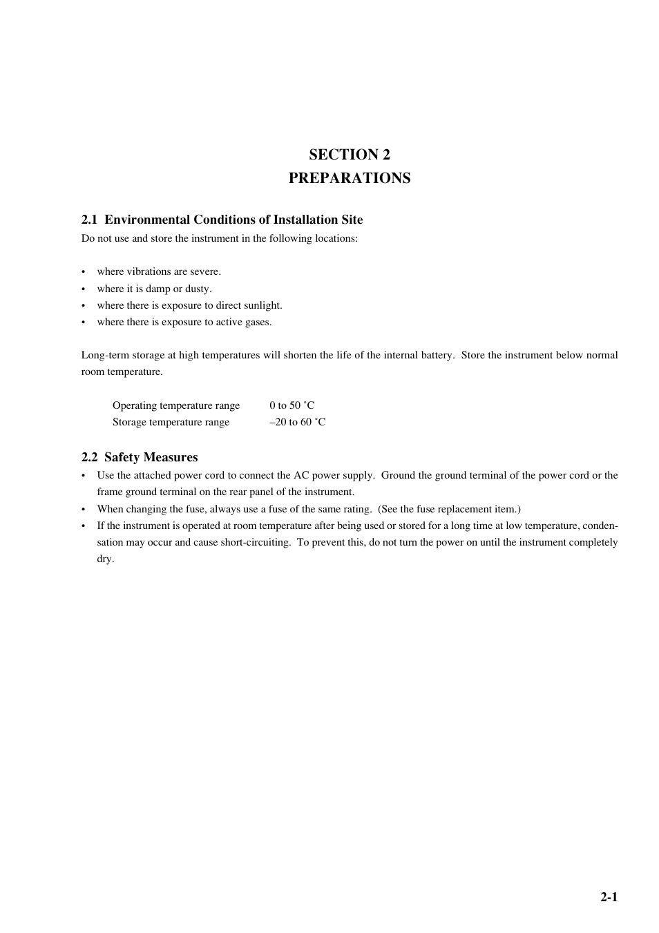 Section 2 preparations, 1 environmental conditions of installation site, 2 safety measures | Anritsu MP1763C User Manual | Page 25 / 78