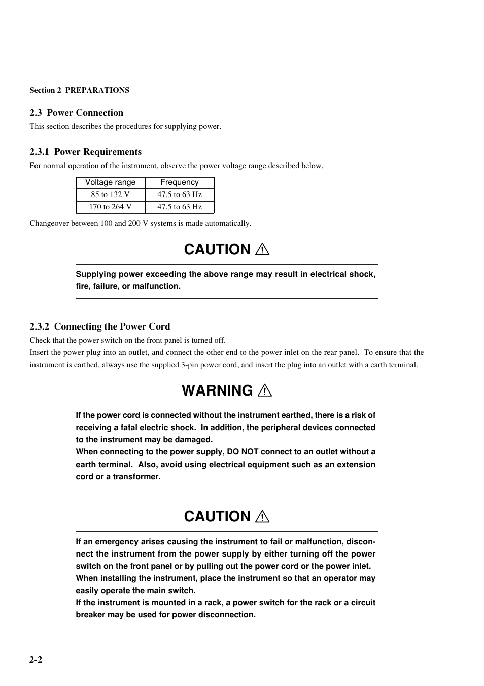 3 power connection, 1 power requirements, 2 connecting the power cord | Caution, Warning | Anritsu MP1763C User Manual | Page 26 / 78