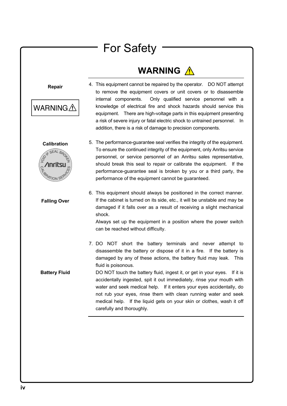 For safety, Warning | Anritsu MP1763C User Manual | Page 4 / 78