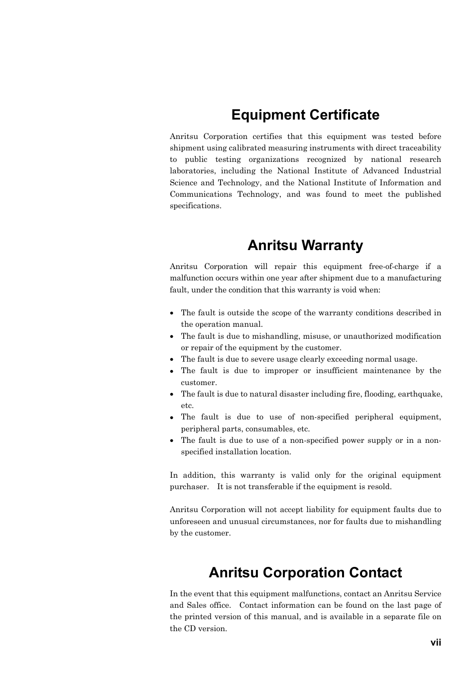 Equipment certificate, Anritsu warranty, Anritsu corporation contact | Anritsu MP1763C User Manual | Page 7 / 78