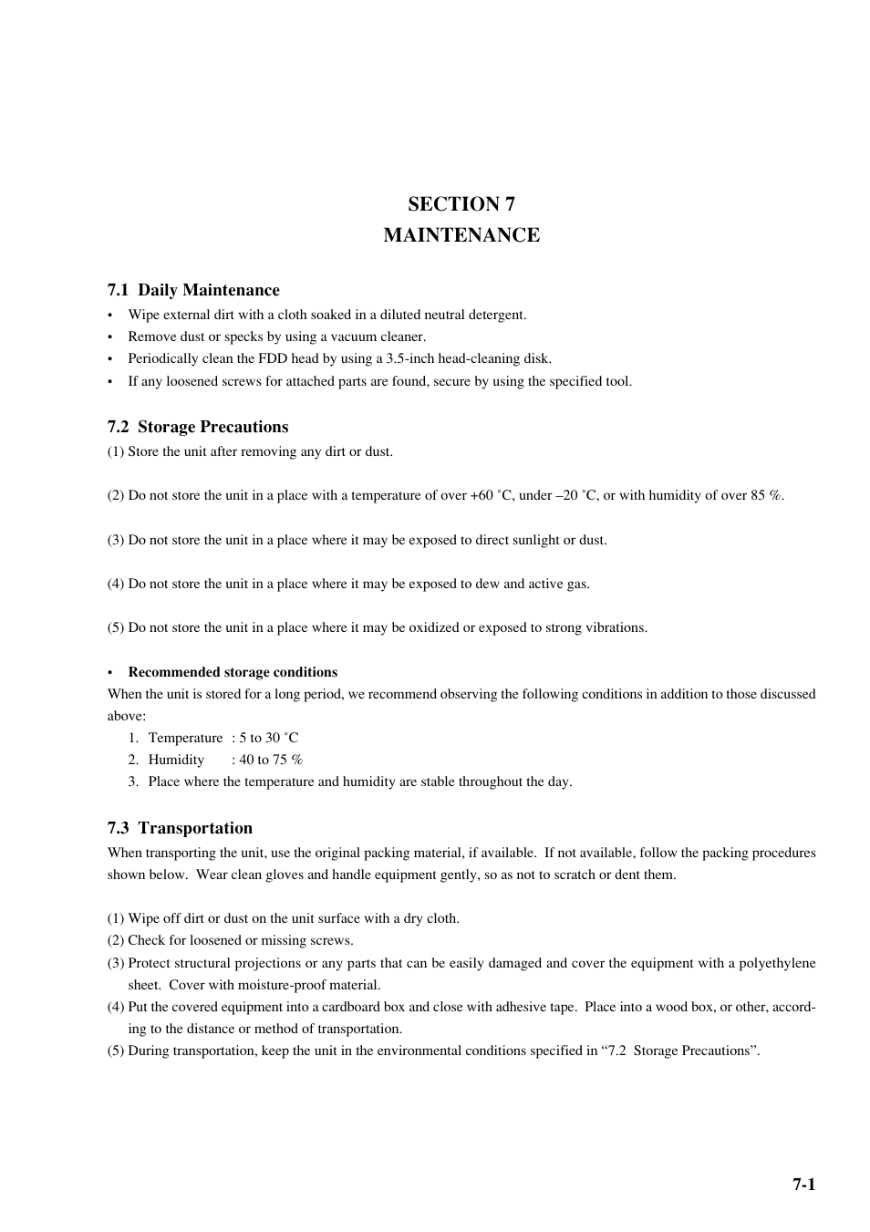 Section 7 maintenance, 1 daily maintenance, 2 storage precautions | 3 transportation | Anritsu MP1763C User Manual | Page 71 / 78