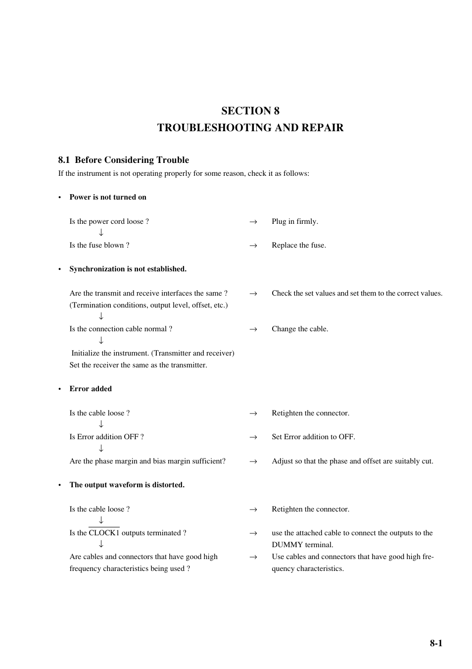 Section 8 troubleshooting and repair, 1 before considering trouble | Anritsu MP1763C User Manual | Page 73 / 78