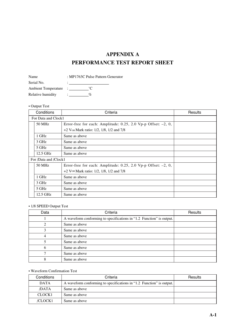 Appendix a performance test report sheet | Anritsu MP1763C User Manual | Page 75 / 78