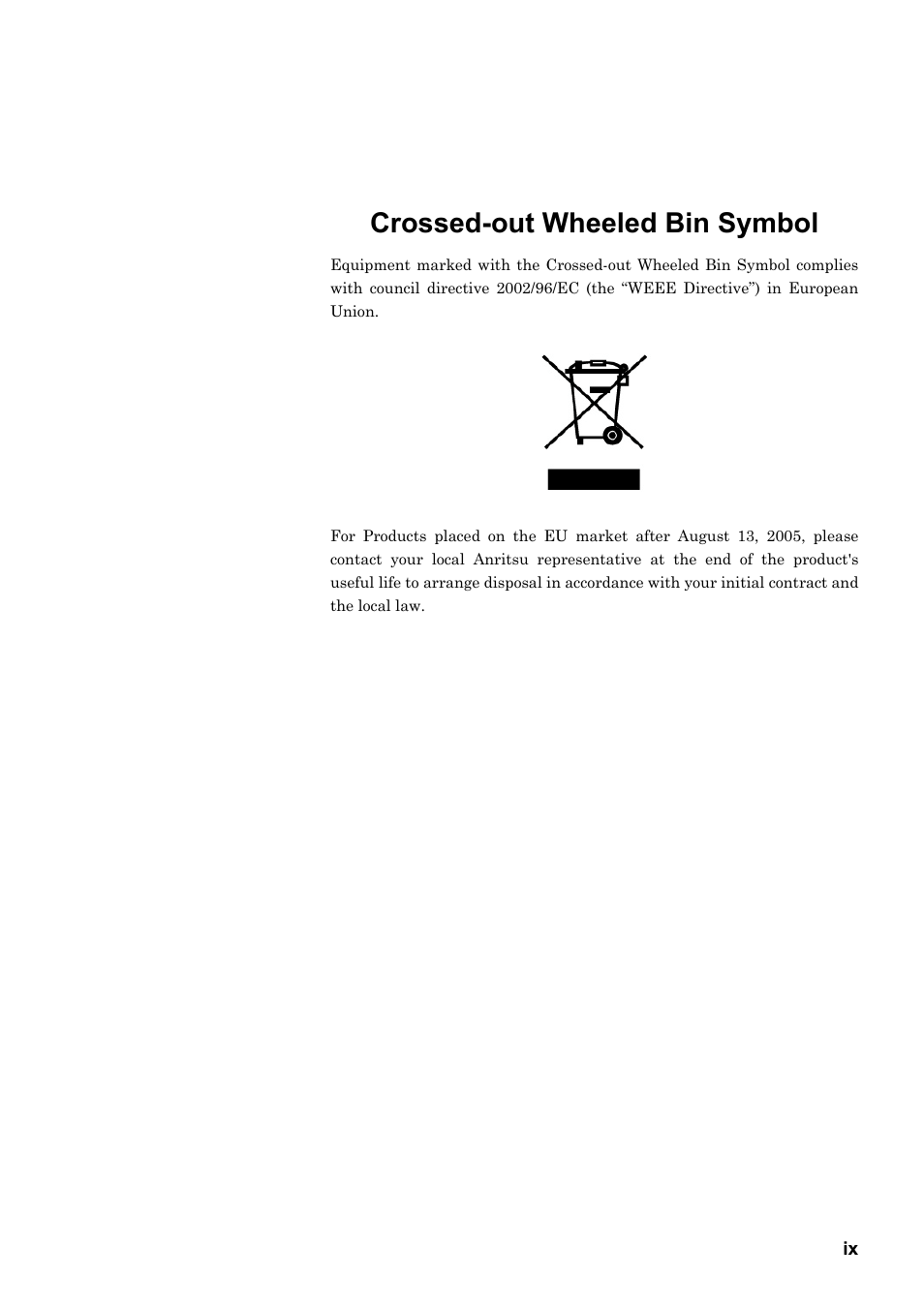 Crossed-out wheeled bin symbol | Anritsu MP1763C User Manual | Page 9 / 78