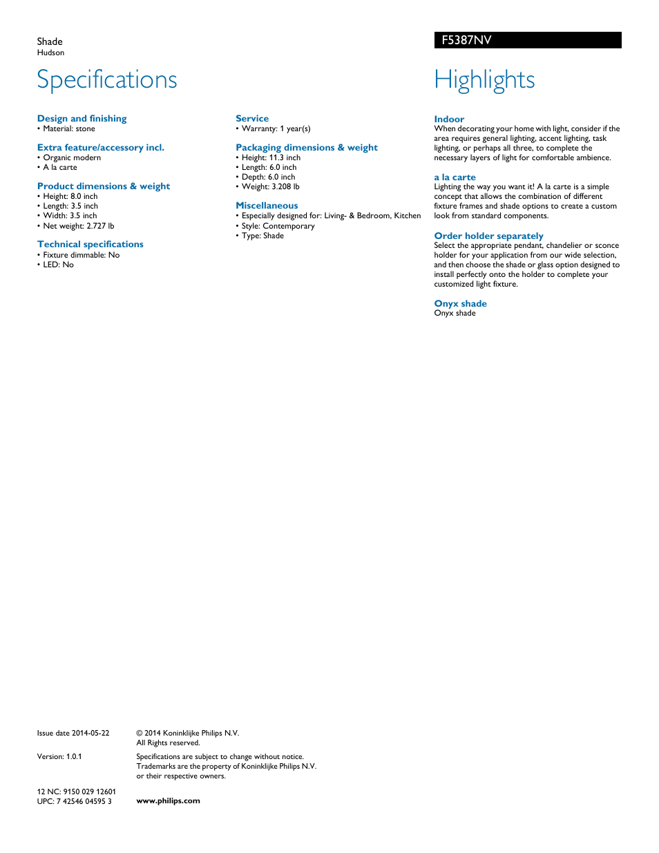Specifications, Highlights, F5387nv | Philips F5387NV User Manual | Page 2 / 2