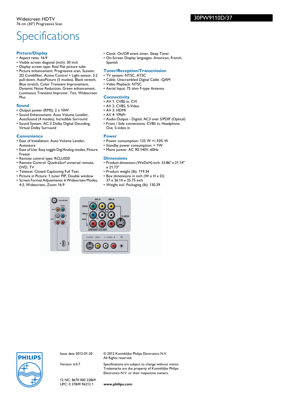 Specifications | Philips 30PW9110D-37B User Manual | Page 3 / 3