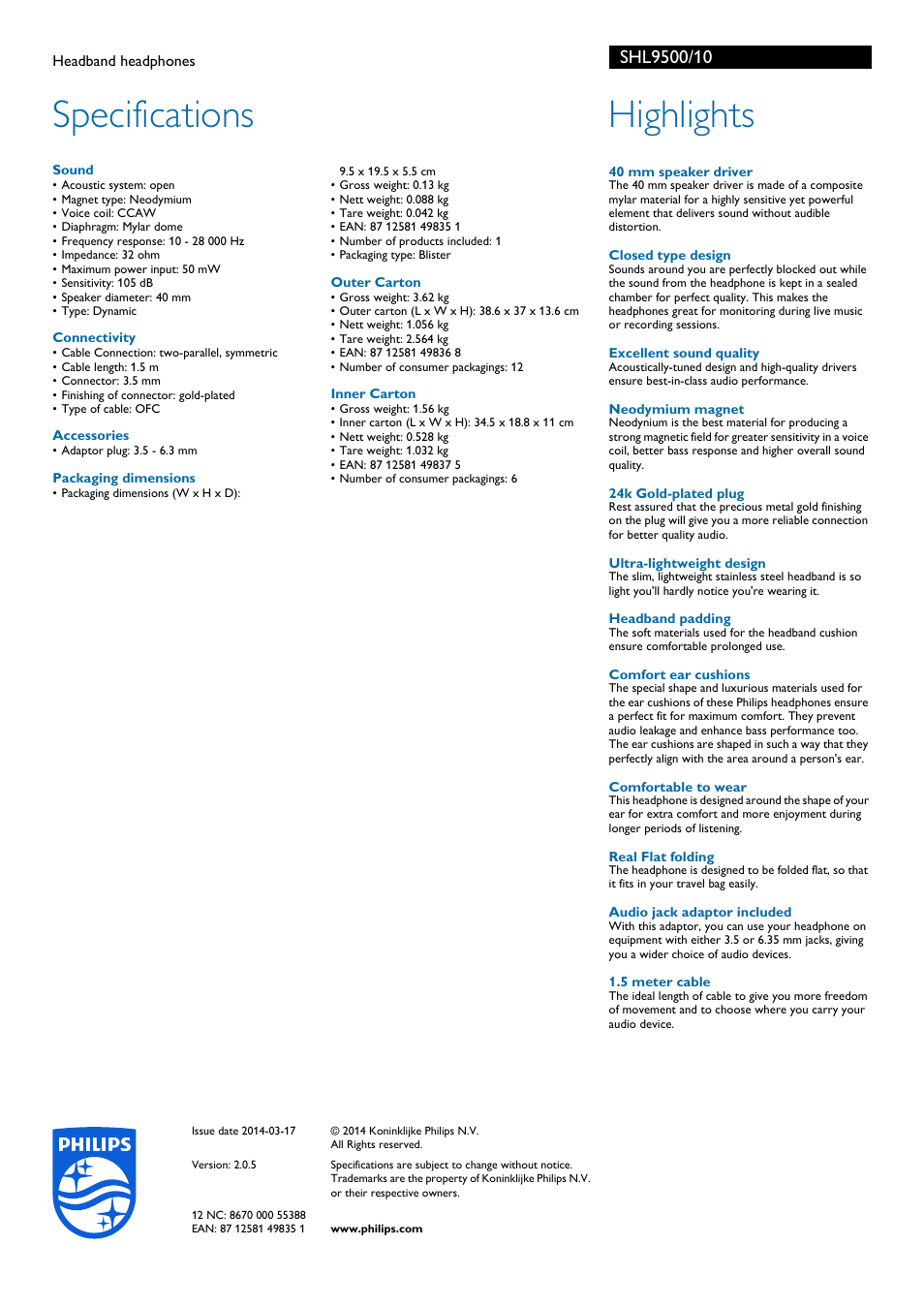 Specifications, Highlights | Philips SHL9500-10 User Manual | Page 2 / 2