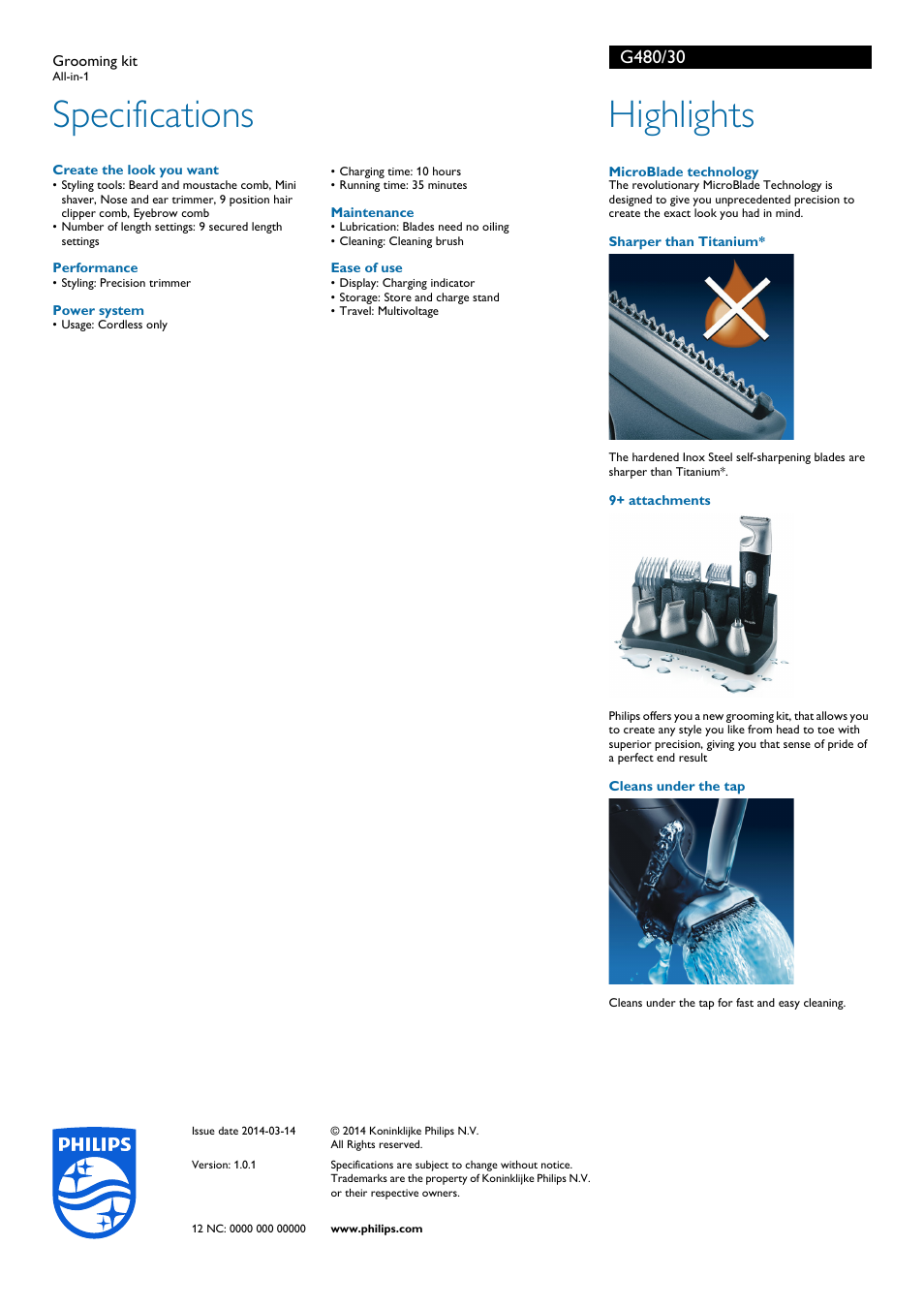 Specifications, Highlights | Philips G480-30 User Manual | Page 2 / 2