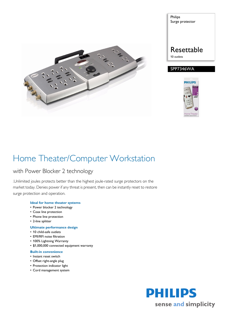 Philips Surge protector SPP7346WA Resettable 10 outlets User Manual | 2 pages