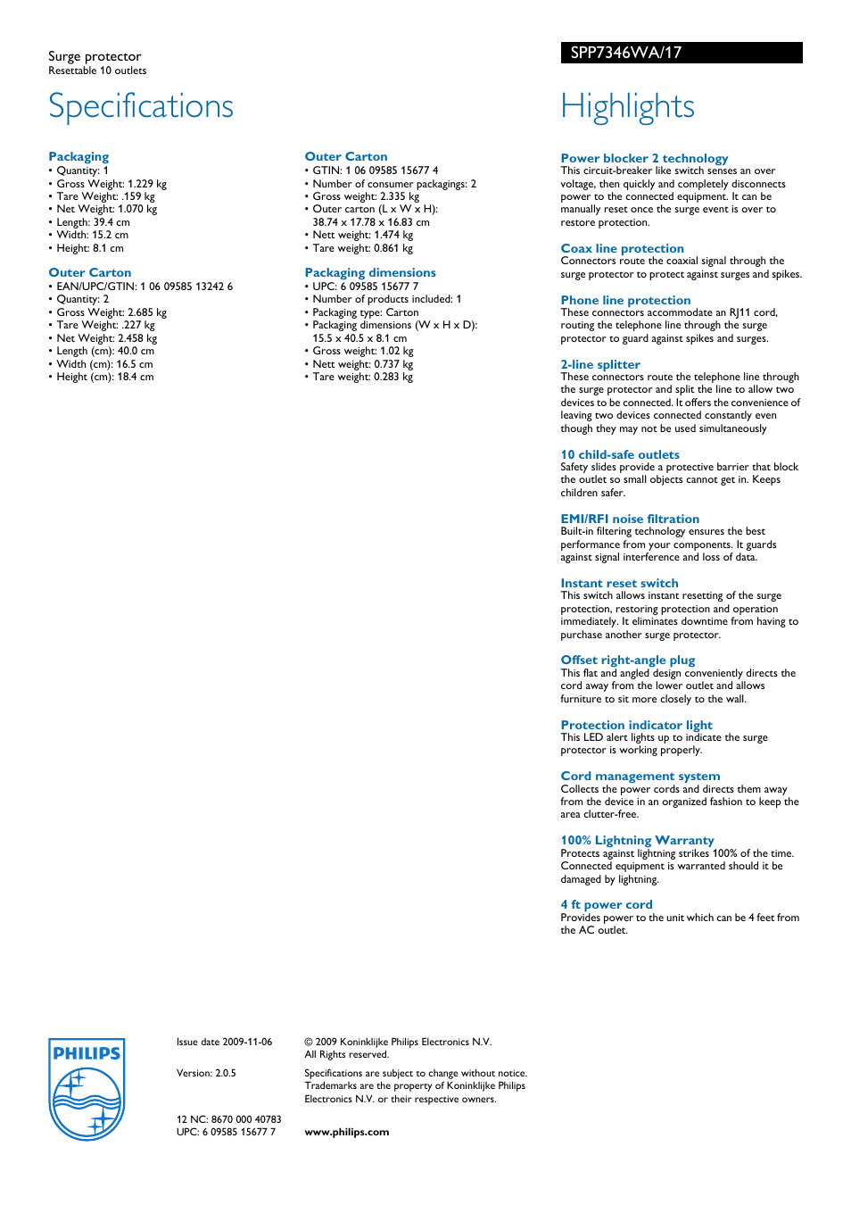 Specifications, Highlights | Philips Surge protector SPP7346WA Resettable 10 outlets User Manual | Page 2 / 2