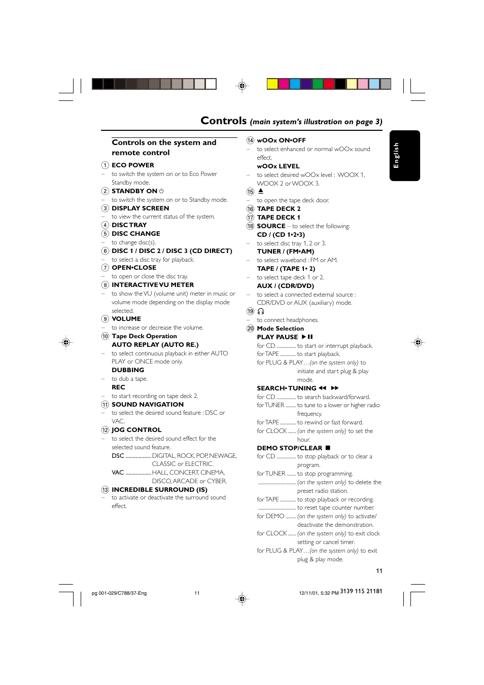 Controls | Philips FWC78898 User Manual | Page 11 / 30