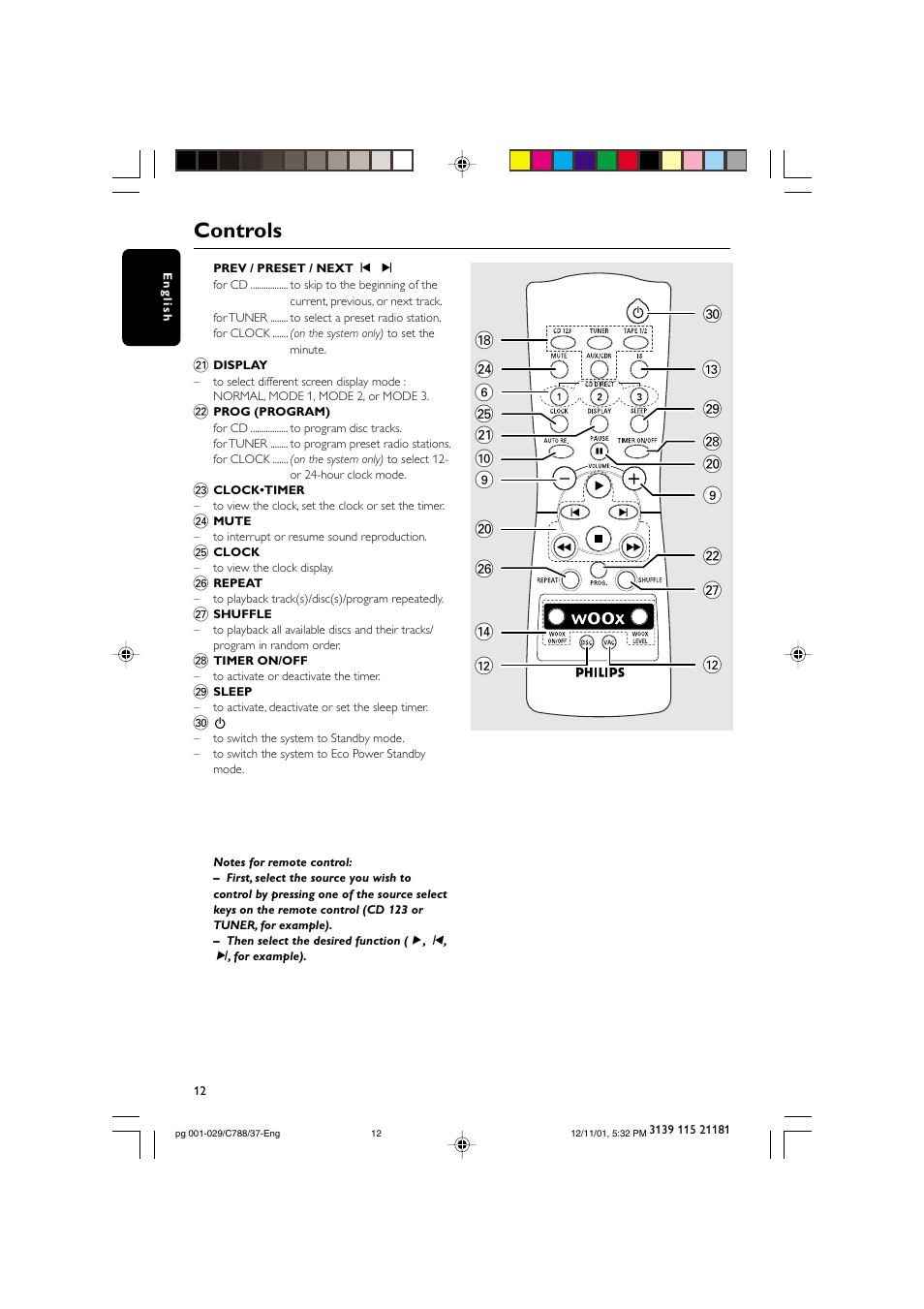 Controls, 0 9 ) § º ª • ) 9 ™ ≥ @ 6 | Philips FWC78898 User Manual | Page 12 / 30