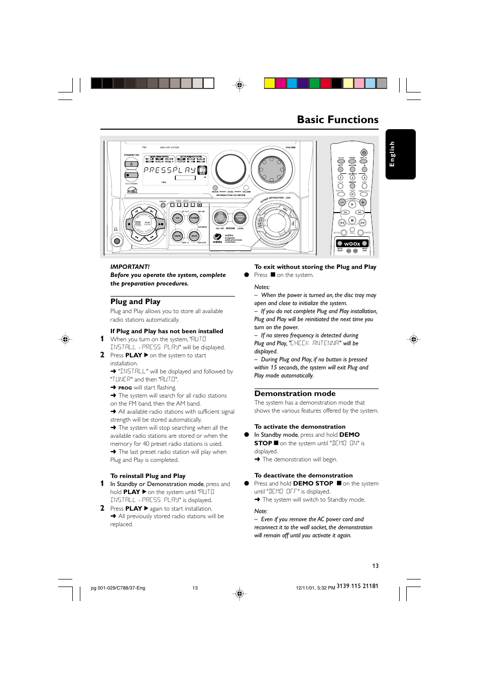 Basic functions, Plug and play, Demonstration mode | Philips FWC78898 User Manual | Page 13 / 30