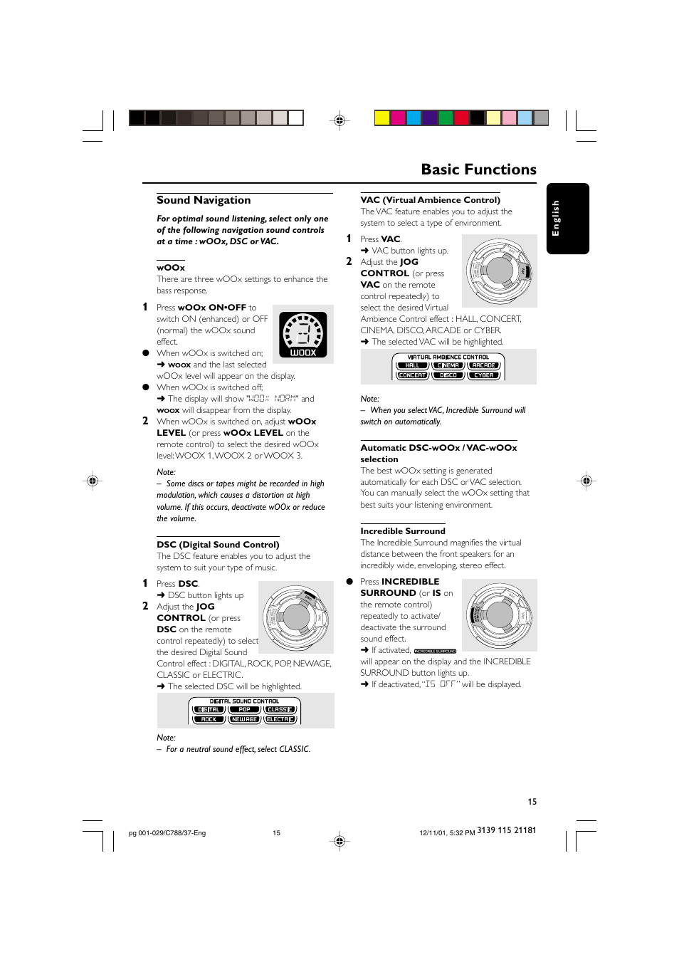 Basic functions, Sound navigation, Will disappear from the display | Press dsc . ➜ dsc button lights up, Press vac . ➜ vac button lights up | Philips FWC78898 User Manual | Page 15 / 30