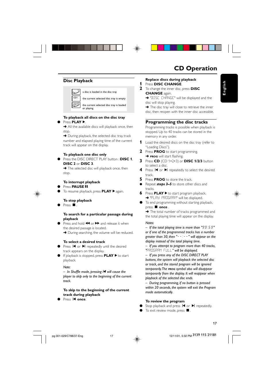 Cd operation, Disc playback, Programming the disc tracks | Philips FWC78898 User Manual | Page 17 / 30