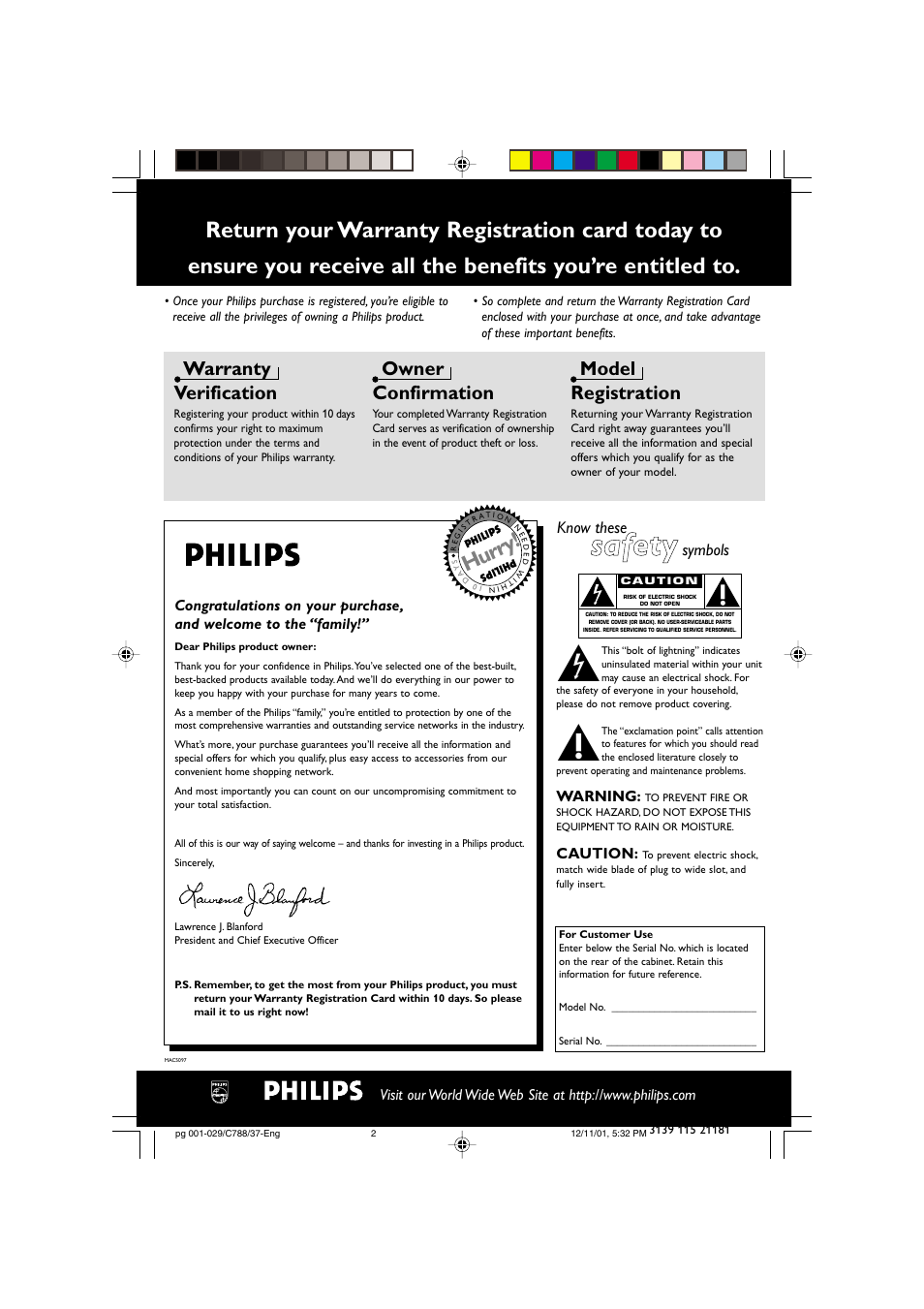 Ssa affe etty y, Hurry, Warranty verification | Owner confirmation, Model registration, Know these, Symbols | Philips FWC78898 User Manual | Page 2 / 30