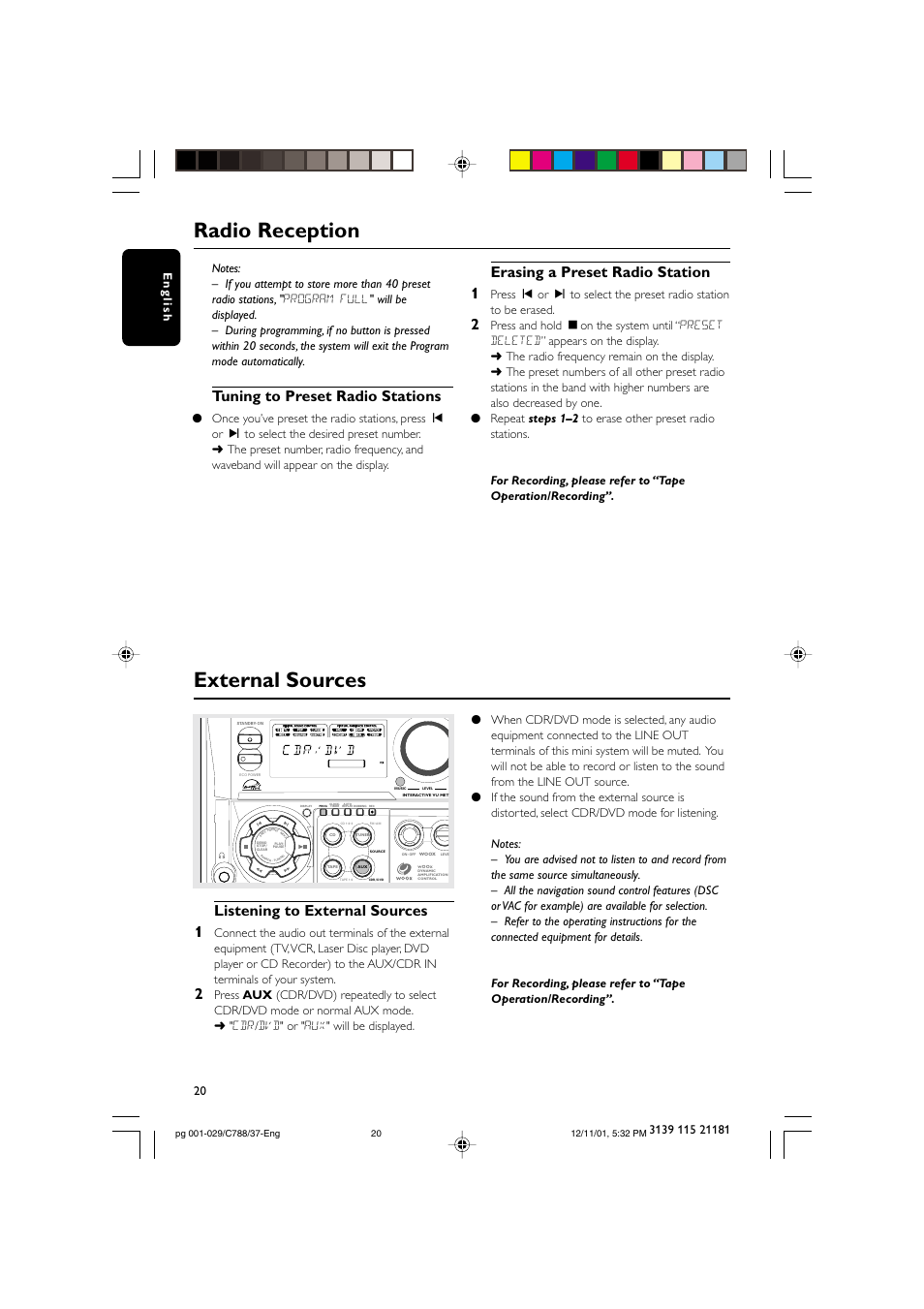 Radio reception external sources, Tuning to preset radio stations, Listening to external sources 1 | Erasing a preset radio station 1 | Philips FWC78898 User Manual | Page 20 / 30