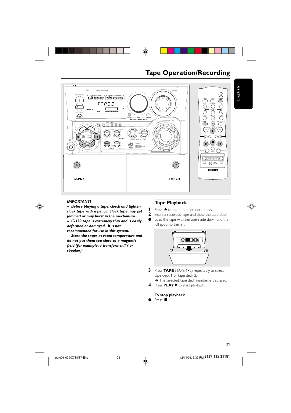 Tape operation/recording, Tape playback 1, Press çto open the tape deck door | Philips FWC78898 User Manual | Page 21 / 30