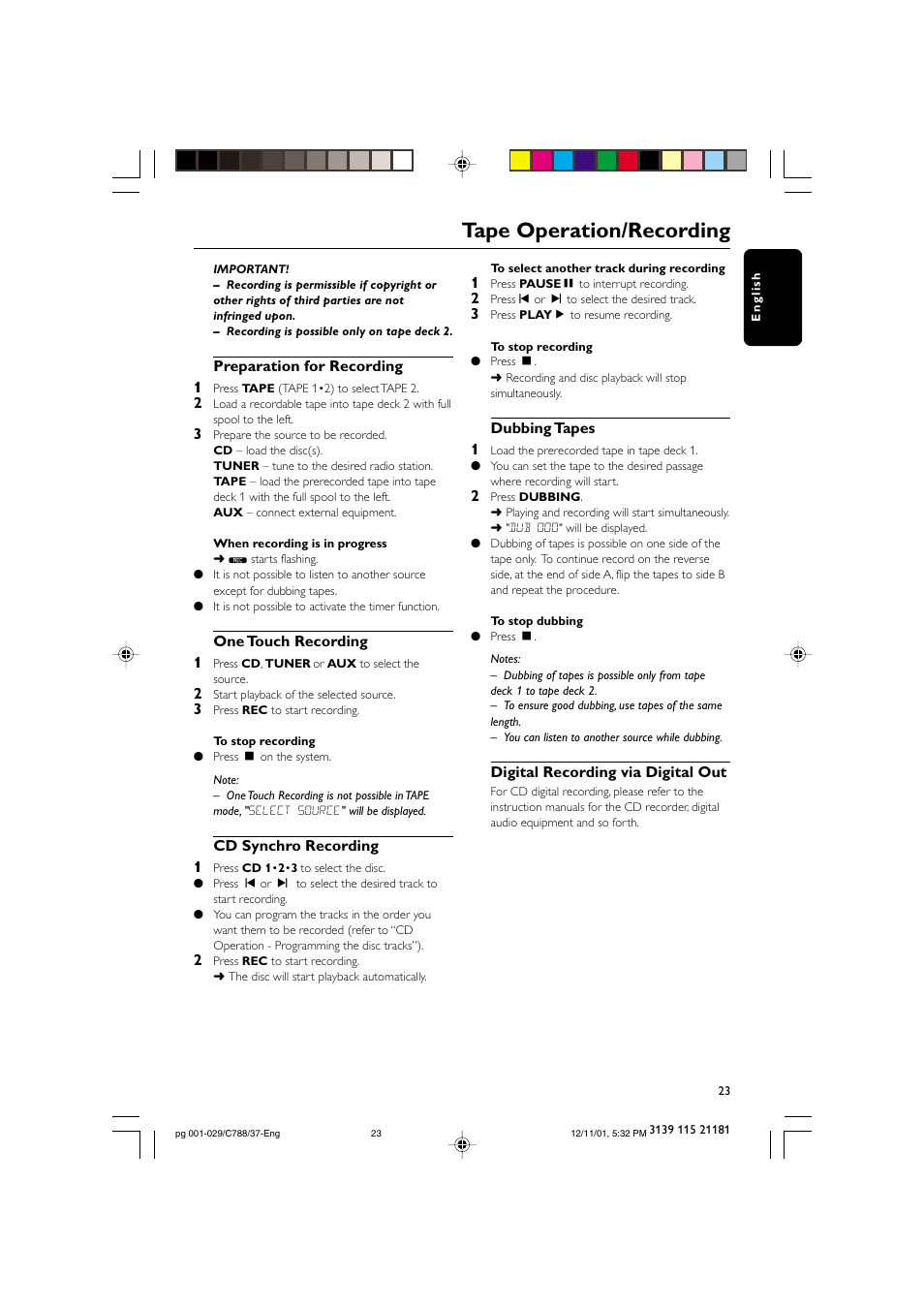 Tape operation/recording | Philips FWC78898 User Manual | Page 23 / 30
