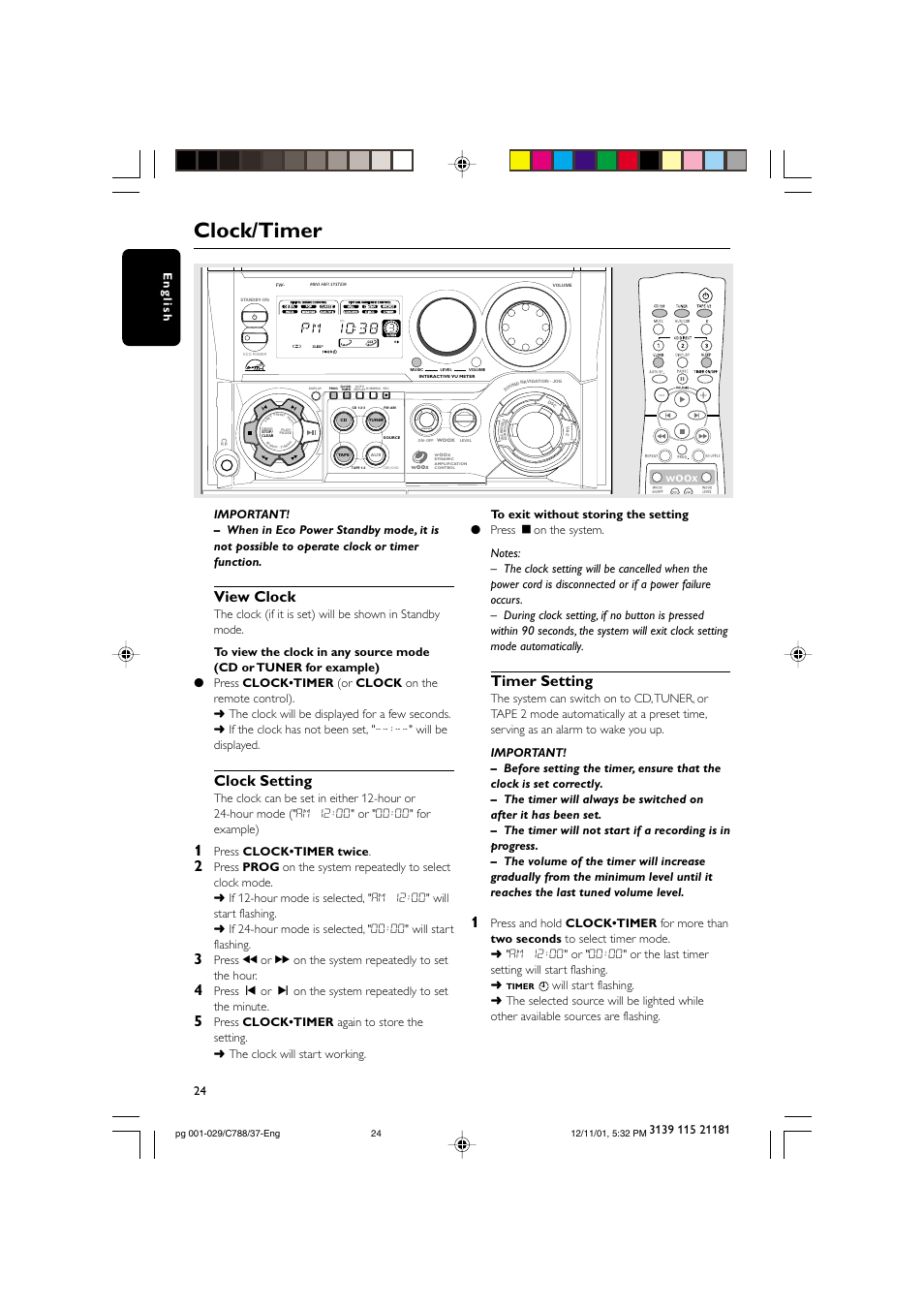 Clock/timer, View clock, Clock setting | Timer setting, Press clock•timer twice | Philips FWC78898 User Manual | Page 24 / 30