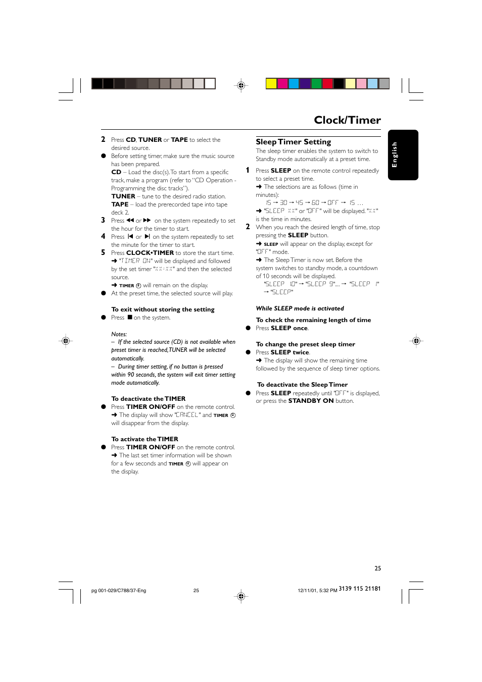 Clock/timer, Sleep timer setting | Philips FWC78898 User Manual | Page 25 / 30