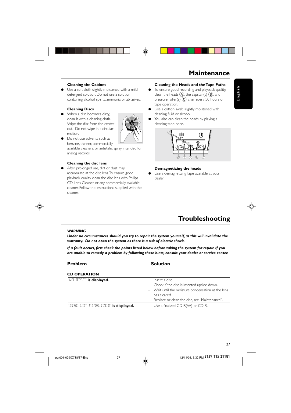 Maintenance, Troubleshooting, Problem solution | Philips FWC78898 User Manual | Page 27 / 30