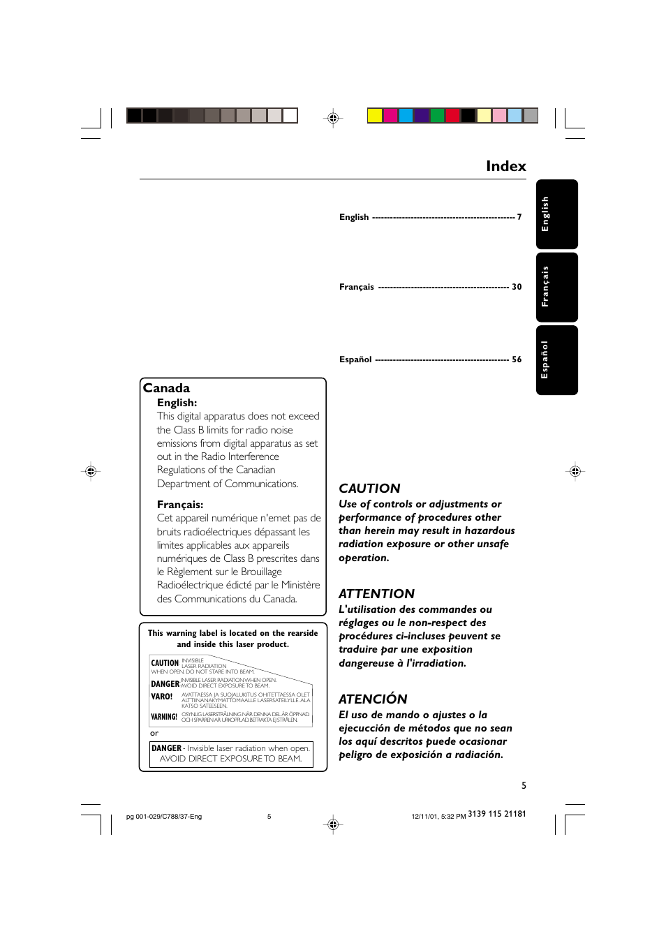 Index, Caution, Attention | Atención, Canada | Philips FWC78898 User Manual | Page 5 / 30