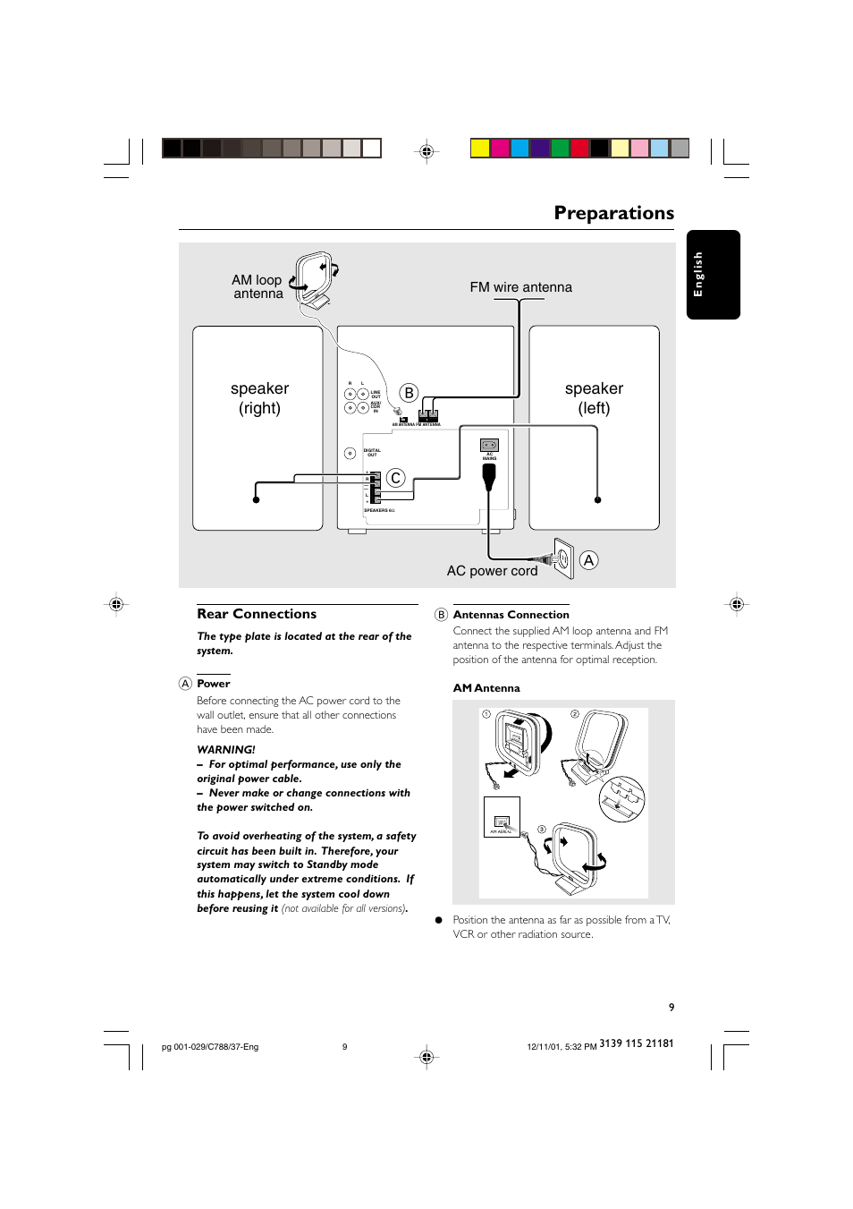 Ab c, Preparations, Speaker (right) speaker (left) | Rear connections, Ac power cord fm wire antenna am loop antenna | Philips FWC78898 User Manual | Page 9 / 30