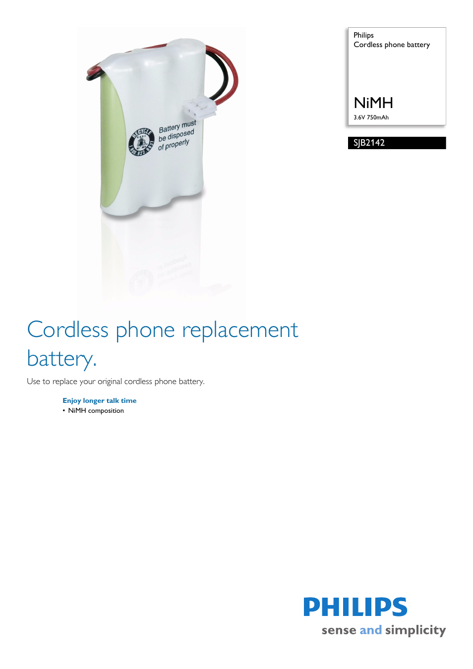 Philips Cordless phone battery SJB2142 NiMH 3.6V 750mAh User Manual | 2 pages