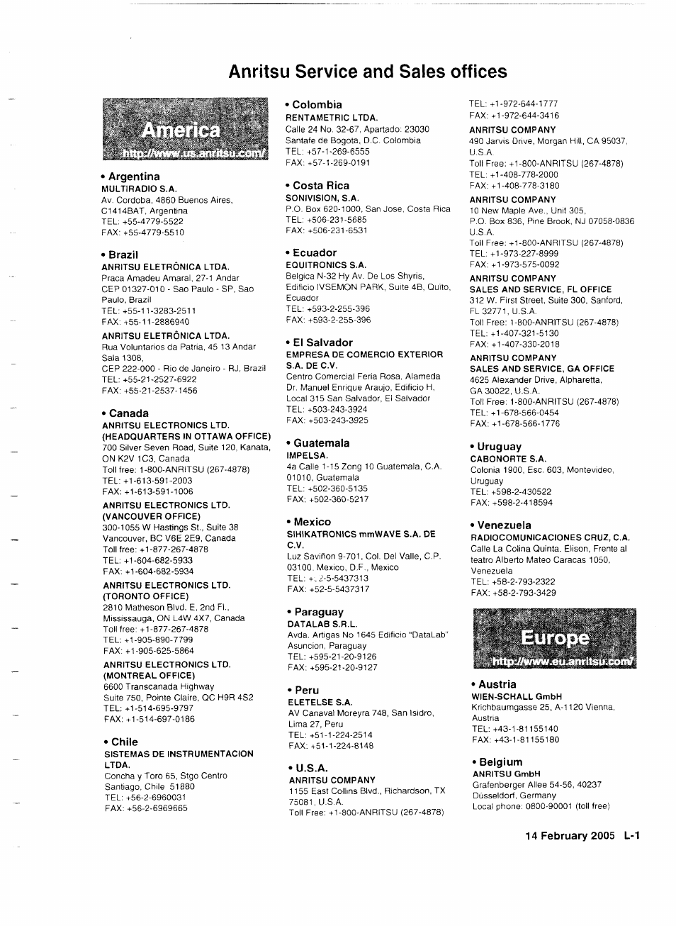 Argentina, Brazil, Canada | Chile, Colombia, Costa rica, Ecuador, El salvador, Guatemala, Mexico | Anritsu MP1777A User Manual | Page 126 / 132